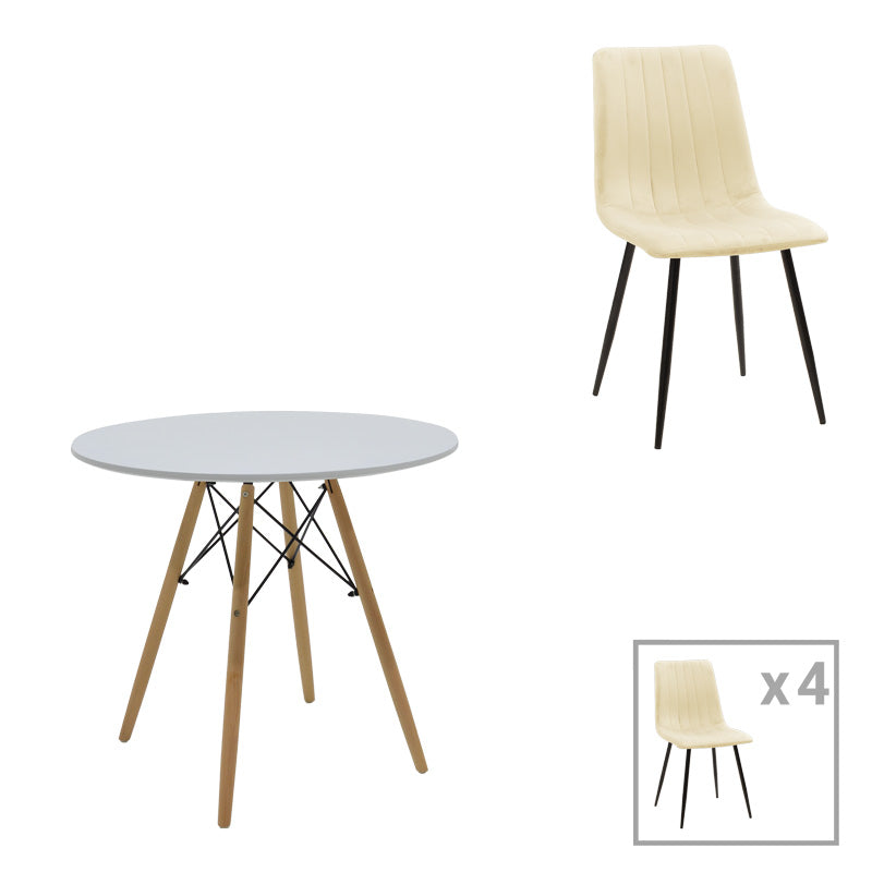 Julita-Noor dining table set of 3 pcs MDF white-beige fabric Φ80x73cm