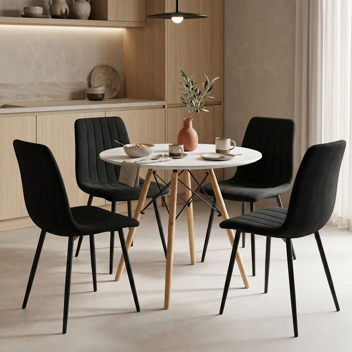 Dining table Julita-Noor set of 5 pcs MDF white-dark grey-natural legs D80x73cm