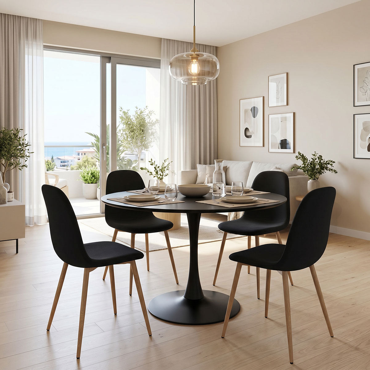 Bella-Balou dining table set of 5 pcs MDF black-black fabric D120x73cm