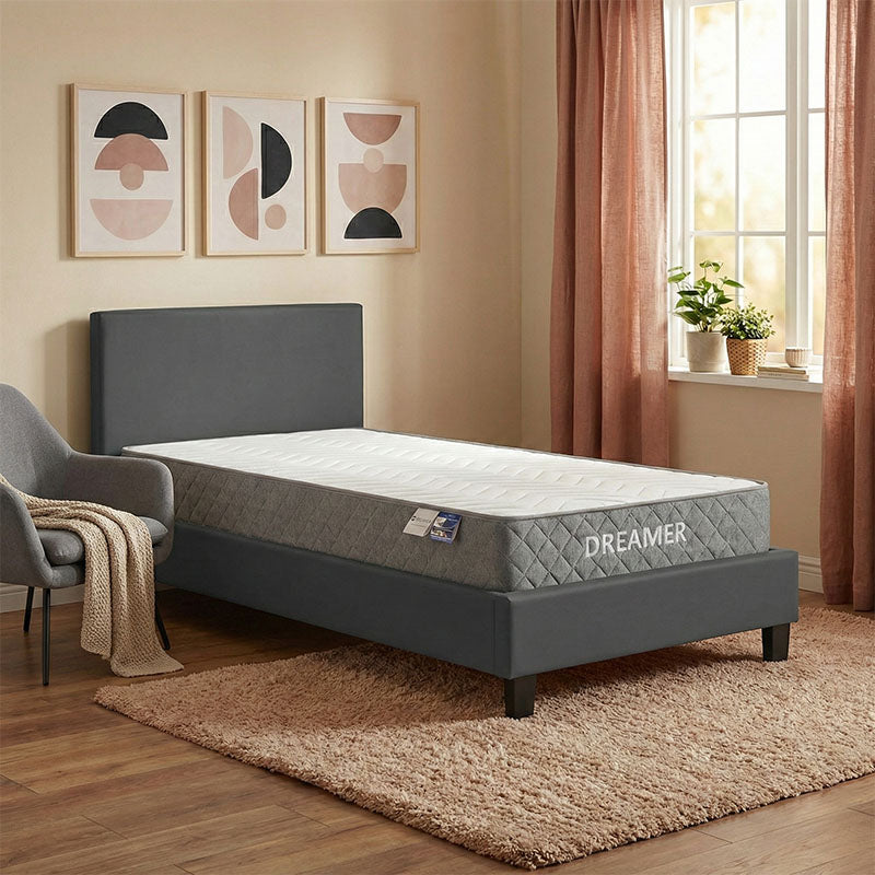 Bed with mattress Nevil-Dreamer fabric anthracite-black legs 90x190cm
