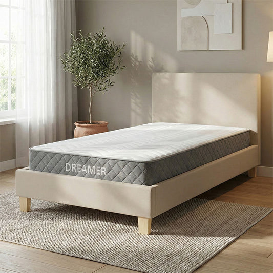 Bed with mattress Nevil-Dreamer beige fabric-wooden leg in natural 100x200cm