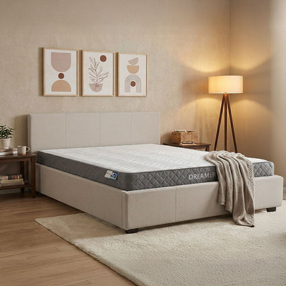 Bed with mattress and storage space Norse-Dreamer fabric ecru 160x200cm