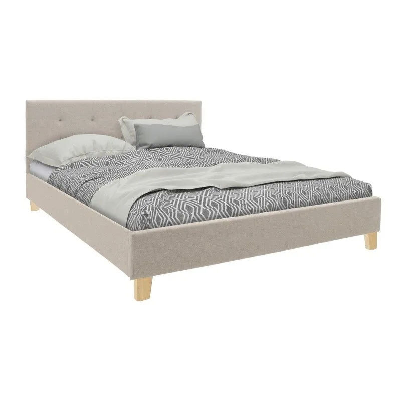 Bed with mattress Mago-Dreamer ecru fabric - wooden leg in natural shade 160x200cm