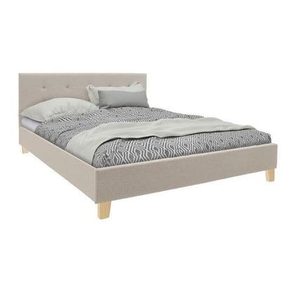 Bed with mattress Mago-Dreamer ecru fabric - wooden leg in natural shade 160x200cm