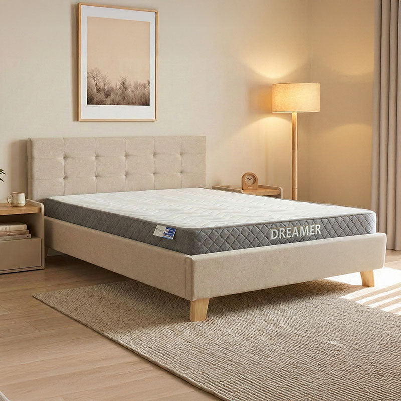 Bed with mattress Mago-Dreamer ecru fabric - wooden leg in natural shade 160x200cm