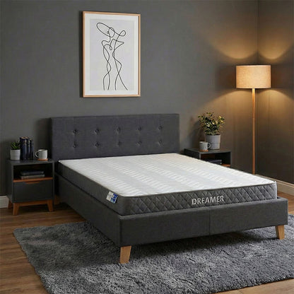 Bed with mattress Mago-Dreamer anthracite fabric - wooden leg in natural shade 160x200cm