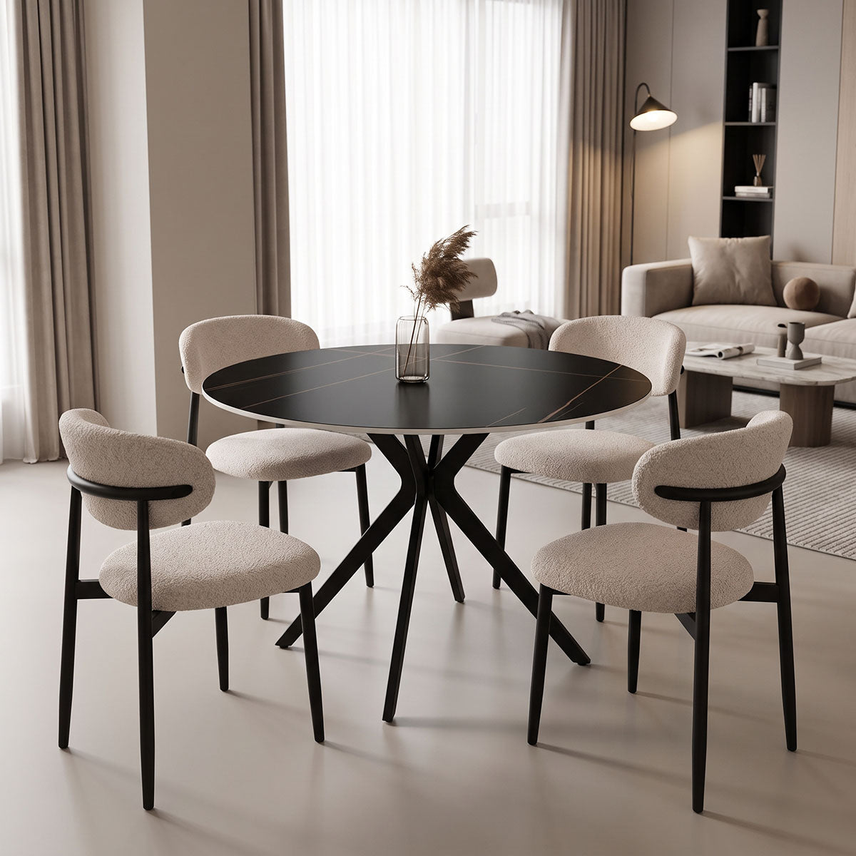 Dining Room with Folegio Cream Chairs and Orbital Black Table D120x76cm Set of 5pcs