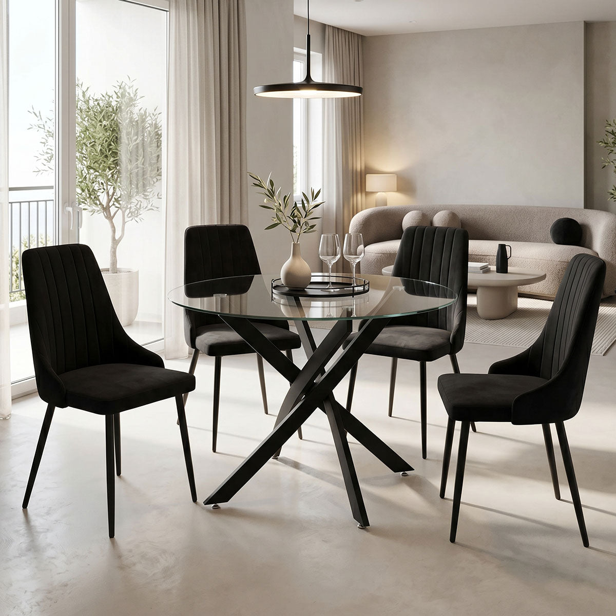 Dining Room with Azori Black Chairs and Antoro Glass Table D100x75cm Set of 5pcs