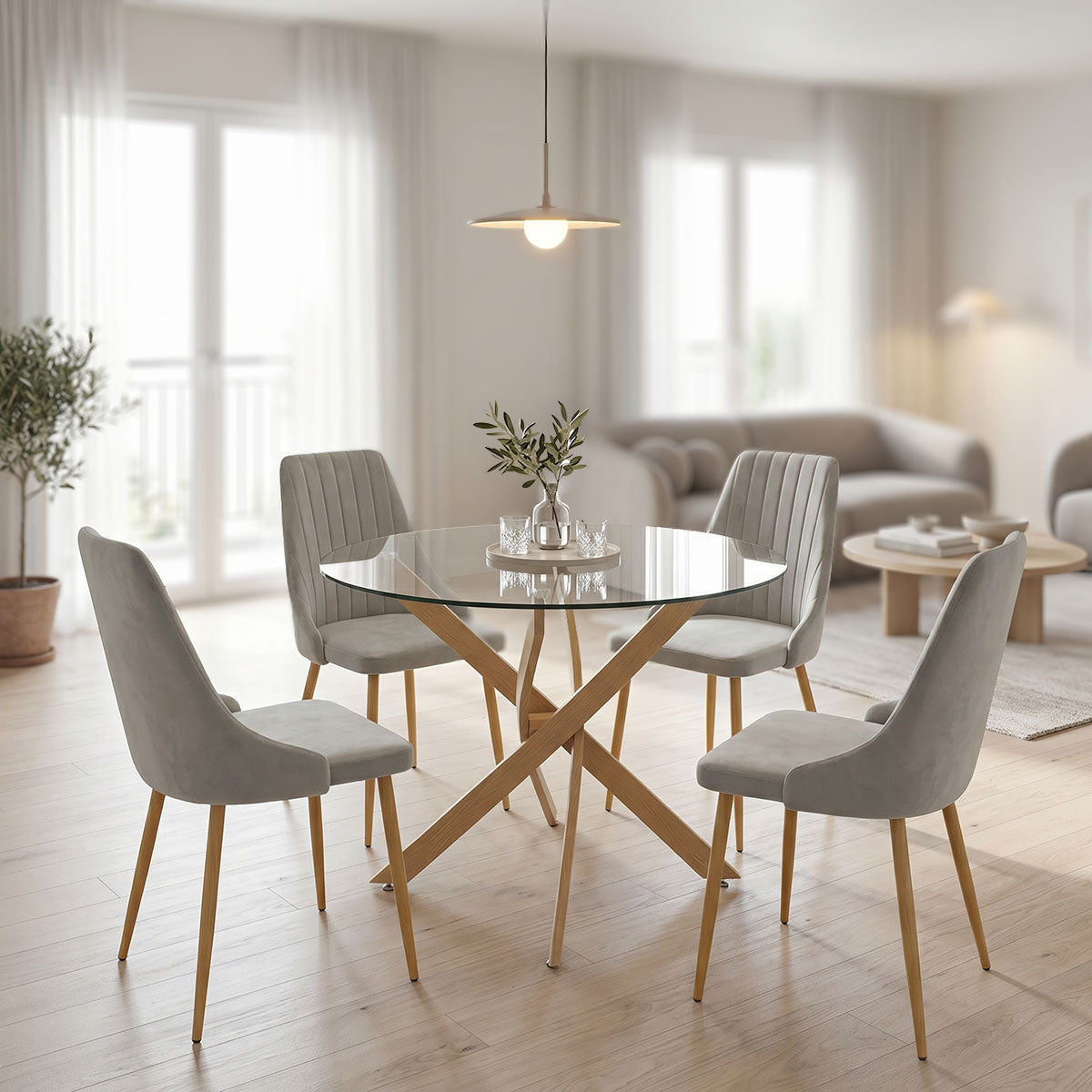 Dining Room with Azori Grey Chairs and Antoro Glass Table D100x75cm Set of 5pcs