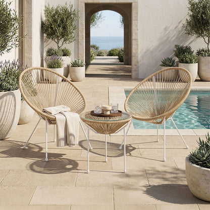 Acapulco Outdoor Lounge Chair set 3 pieces white metal frame with PE rattan in natural color D50x52 cm