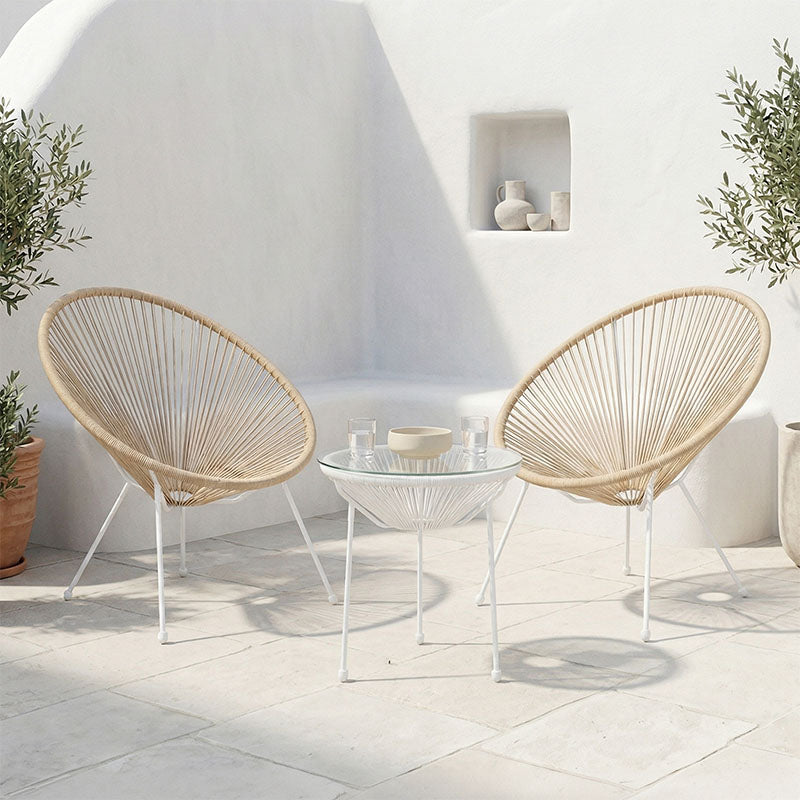 Acapulco Outdoor Lounge Chair set 3 pieces white metal frame with PE rattan in natural color D50x52 cm