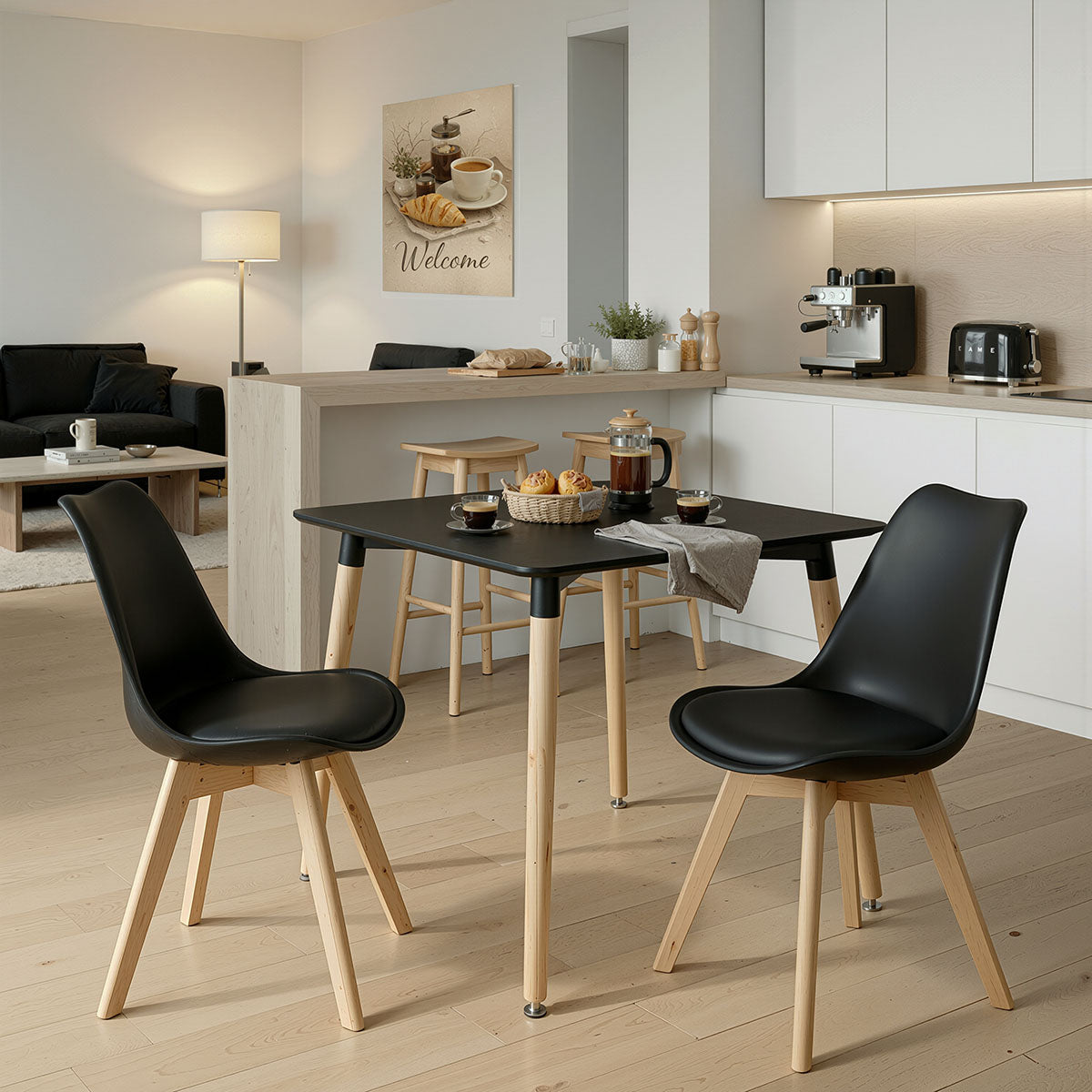 Dining Room with Gaston Chairs and Natali Table black 80x80x76cm Set of 3pcs