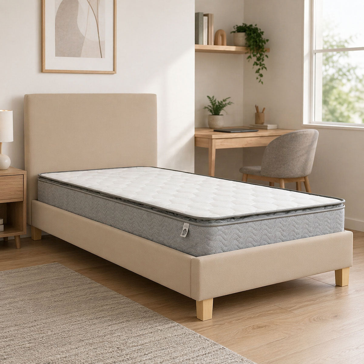 Bed with mattress Nevil-Perfecto fabric ecru- leg natural shade 90x190cm