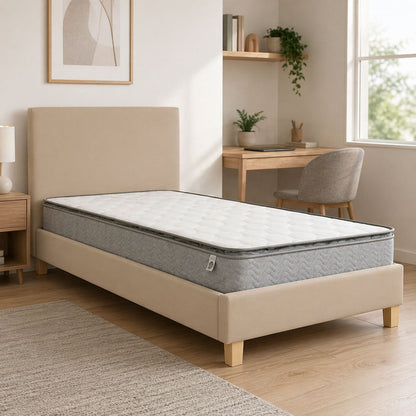 Bed with mattress Nevil-Perfecto fabric ecru- leg natural shade 90x190cm