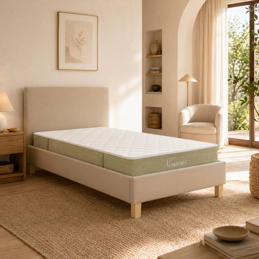 Bed with mattress Nevil-Nemesis fabric beige - wooden leg in natural shade 100x200cm
