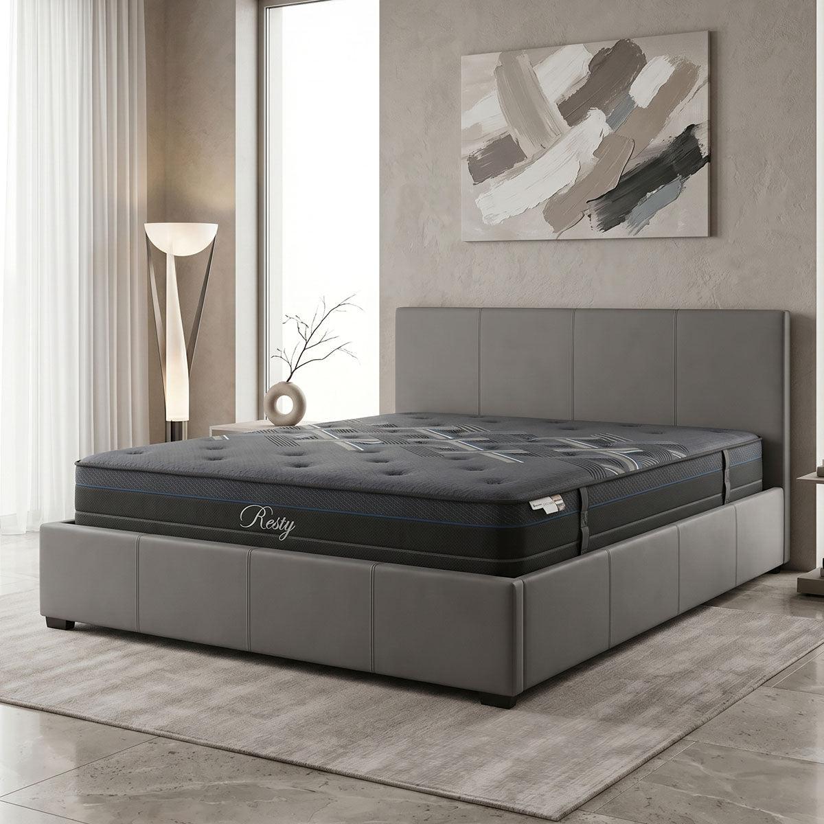 Bed with mattress and storage space Norse-Resty gray PU 160x200cm