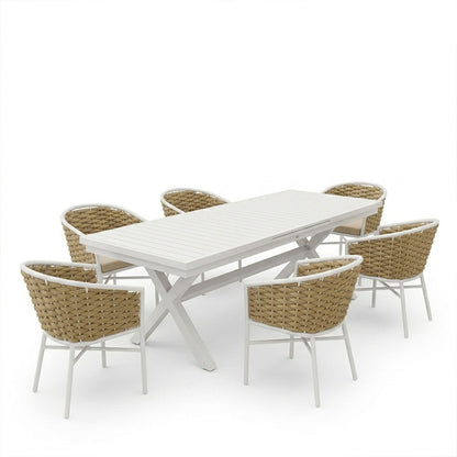 Dining set Dagyn Noevo set 7pcs white aluminum with PE rope in natural shade 180-240x90x76cm