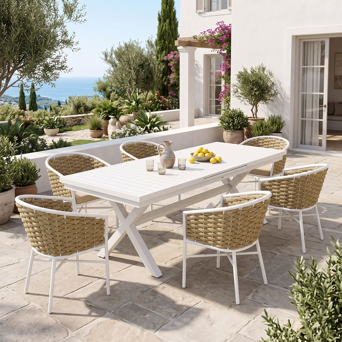 Dining set Dagyn Noevo set 7pcs white aluminum with PE rope in natural shade 180-240x90x76cm