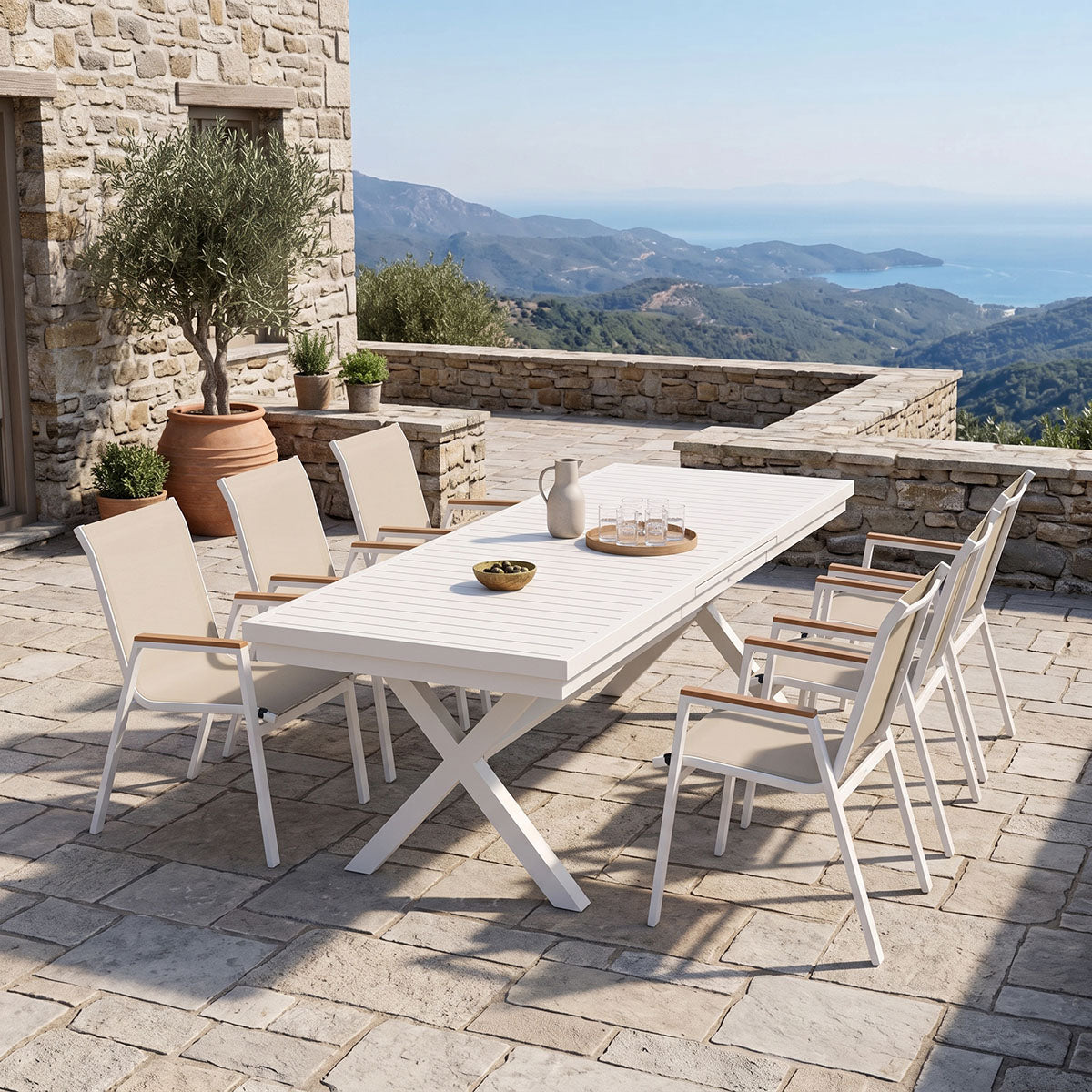 Dining set Dagyn Azelie set 7pcs white aluminum with beige textilene 180-240x90x76cm