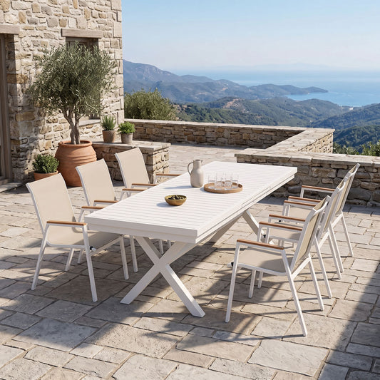 Dining set Dagyn Azelie set 7pcs white aluminum with beige textilene 180-240x90x76cm