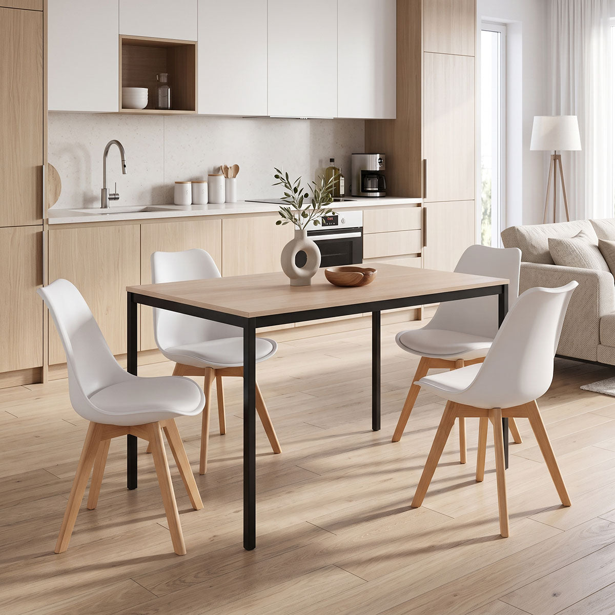 Dining set with Gaston white Chairs and Faragio Table black with natural shade 120x75x75cm set 5pcs
