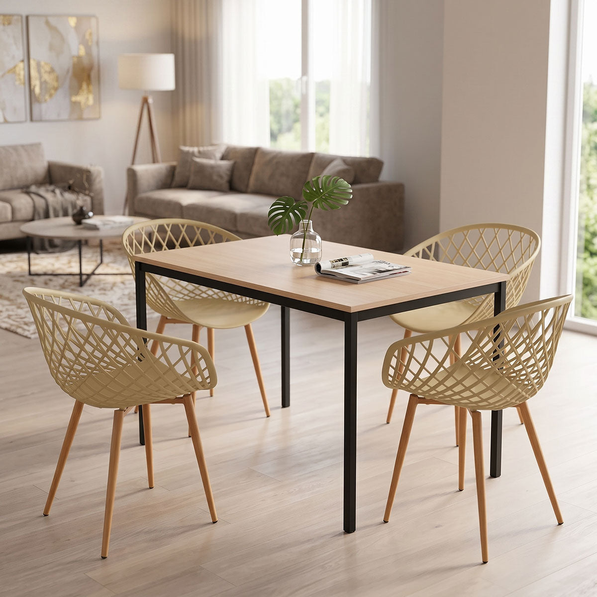 Dining Table with Armchairs Ezra cappuccino and Table Faragio black with natural shade 120x75x75cm Set 5pcs