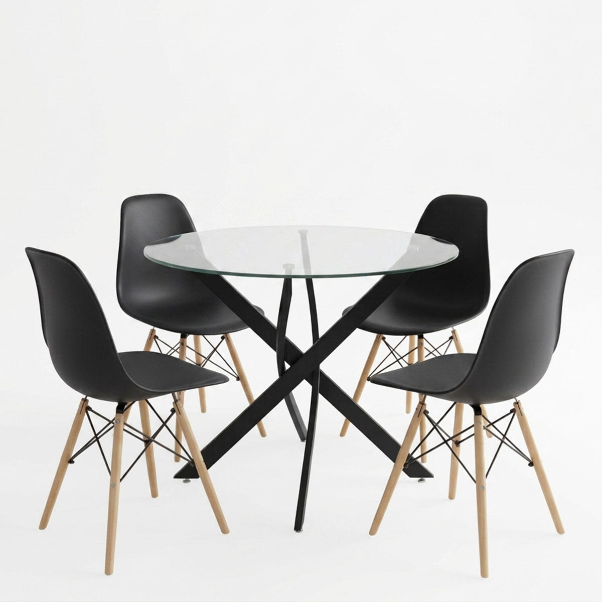 Dining room with Julita chairs black and Antoro table glass with black metal Φ80x75cm set 5pcs