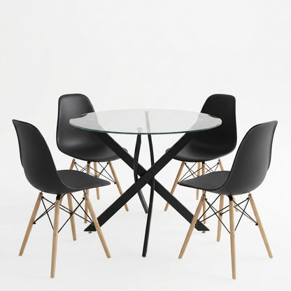 Dining room with Julita chairs black and Antoro table glass with black metal Φ80x75cm set 5pcs