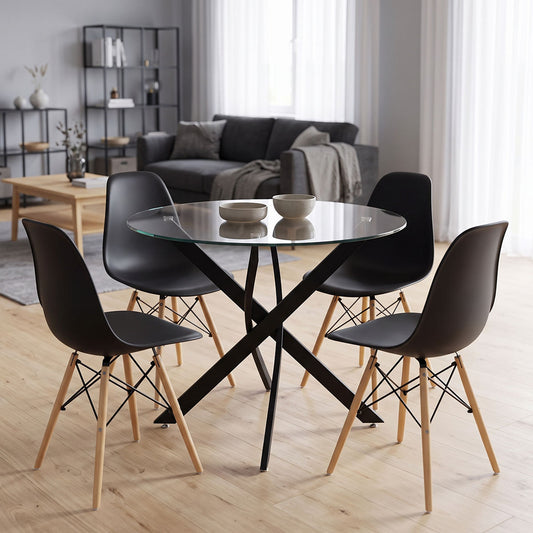 Dining room with Julita chairs black and Antoro table glass with black metal Φ80x75cm set 5pcs