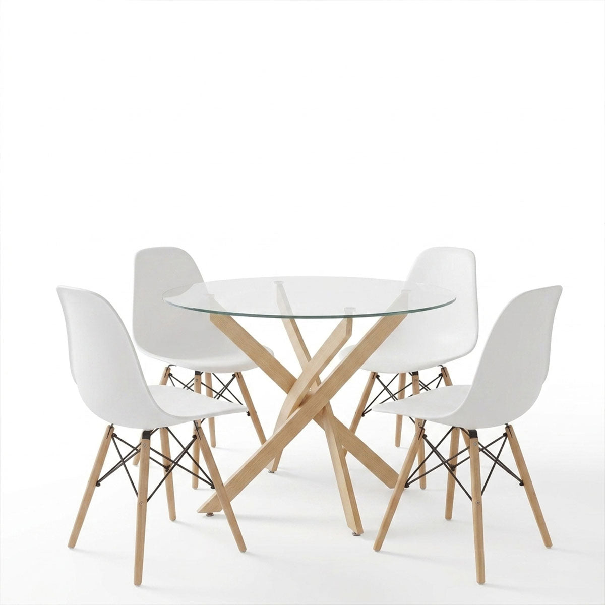 Julita dining set with White Chairs and Antoro glass table with metal frame in natural finish Ø80x75cm 5-piece Set