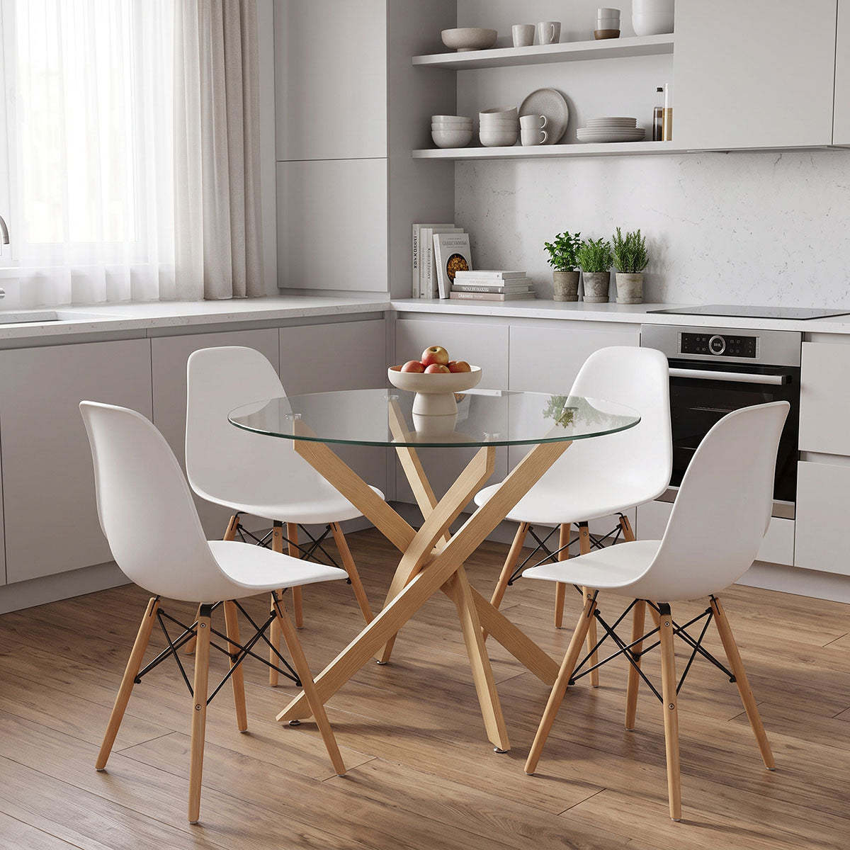 Julita dining set with White Chairs and Antoro glass table with metal frame in natural finish Ø80x75cm 5-piece Set