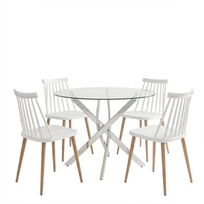 Aurora dining set with white Chairs and Antoro glass table with chrome base Ø80x75cm 5-piece Set