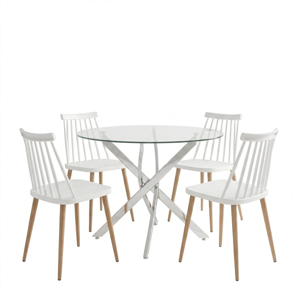Aurora dining set with white Chairs and Antoro glass table with chrome base Ø80x75cm 5-piece Set