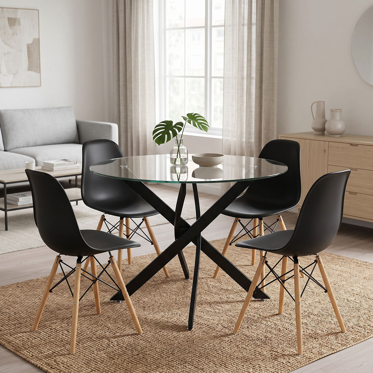 Dining Set with Julita Chairs black and Antoro Table glass with black metal Φ100x75cm Set 5pcs