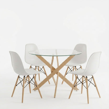 Dining Set with Julita white Chairs and Antoro Table glass with metal in natural finish Φ100x75cm Set 5pcs