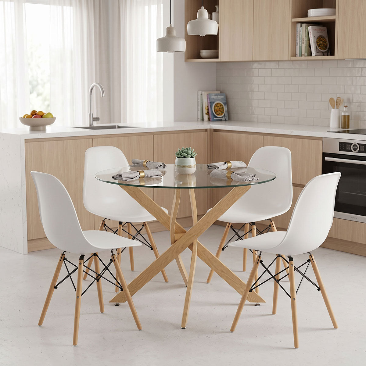 Dining Set with Julita white Chairs and Antoro Table glass with metal in natural finish Φ100x75cm Set 5pcs