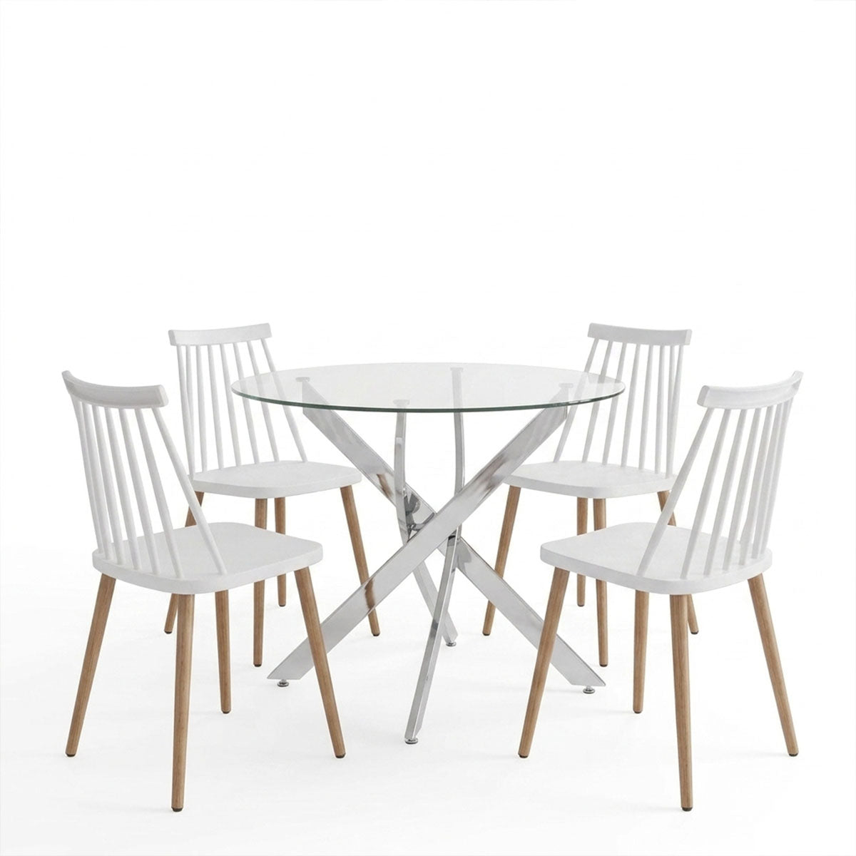 Dining Set with Aurora white Chairs and Antoro Table glass with chrome base Φ100x75cm Set 5pcs