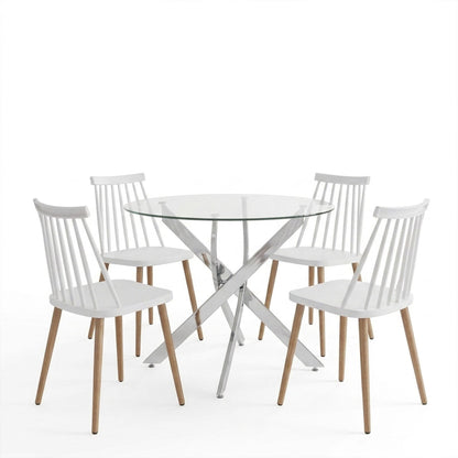 Dining Set with Aurora white Chairs and Antoro Table glass with chrome base Φ100x75cm Set 5pcs