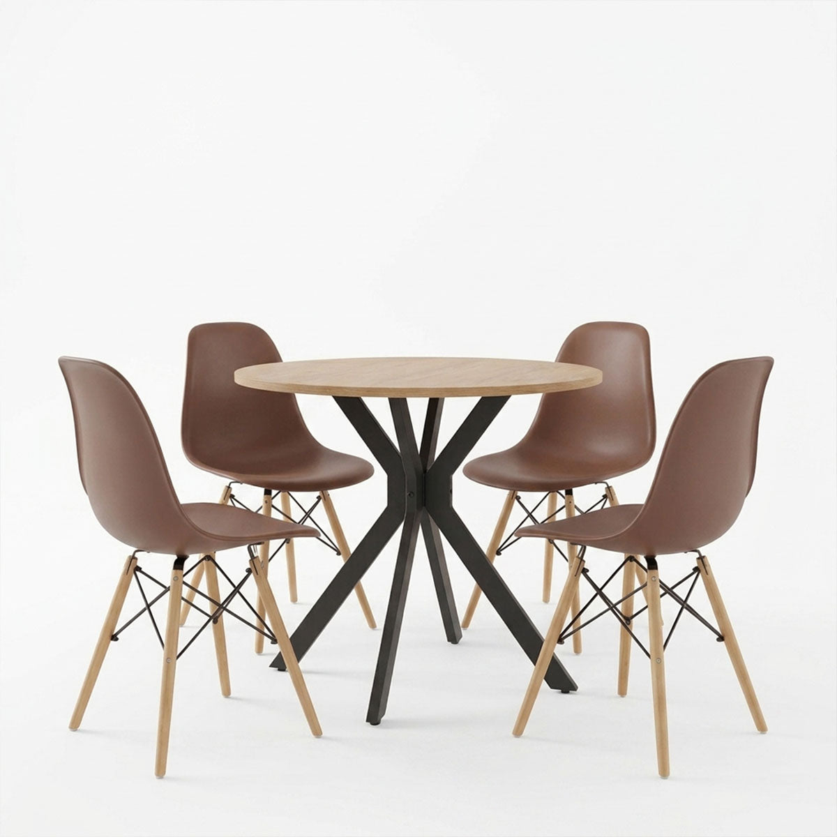 Julita dining set with brown Chairs and Xuson table in natural finish Ø80x75cm 5-piece Set