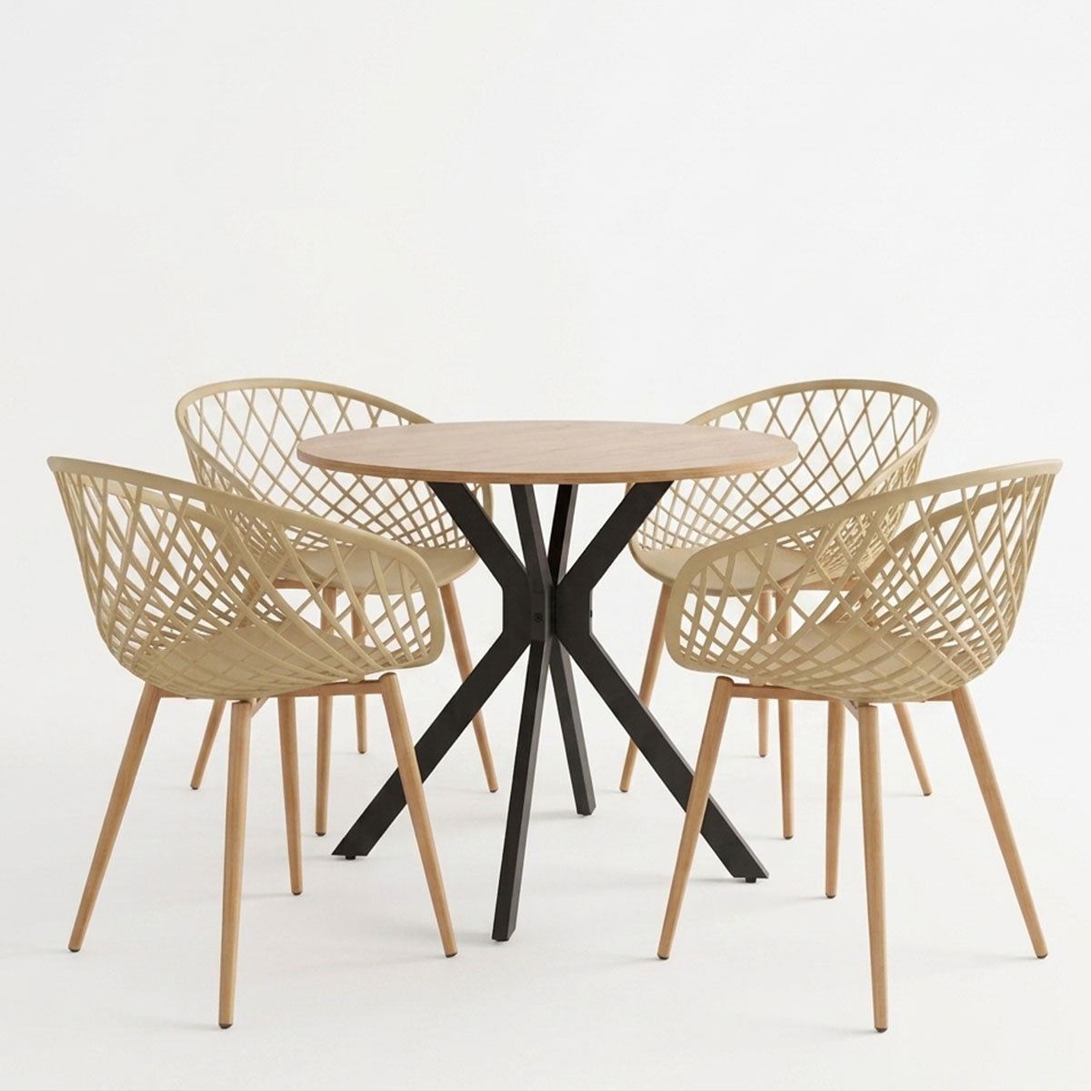 Ezra dining set with cappuccino Armchairs and Xuson table in natural finish Ø80x75cm 5-piece Set