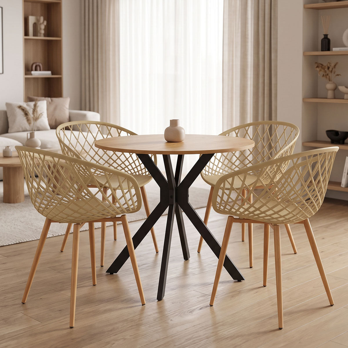 Ezra dining set with cappuccino Armchairs and Xuson table in natural finish Ø80x75cm 5-piece Set