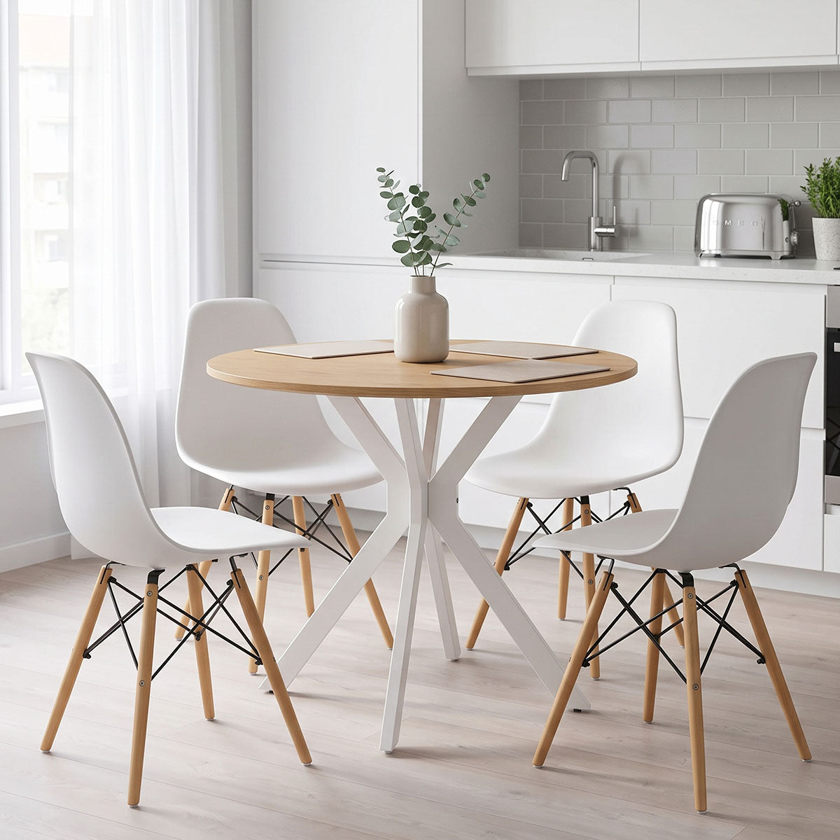 Dining set with Julita white Chairs and Xuson white table Ø80x75cm 5piece Set