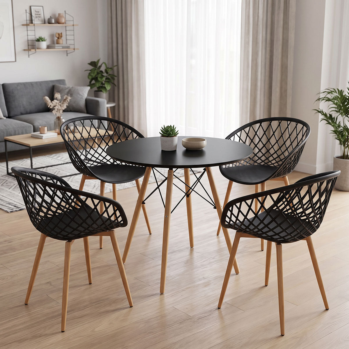 Dining Set with Ezra Armchairs black and Julita Table Black Ø80x73cm Set of 5Pieces