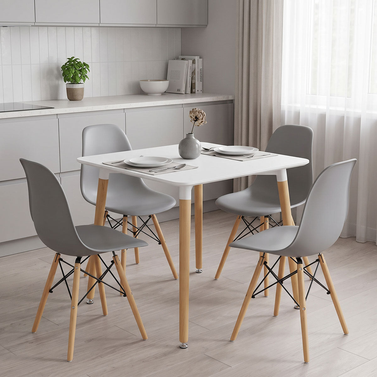 Dining Set with Chairs Julita grey and Natali Table White 80x80x76cm Set of 5pcs
