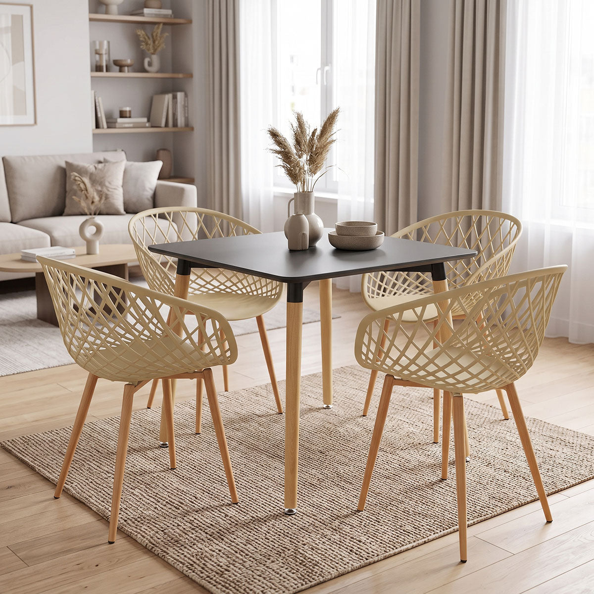 Dining Set with Armchairs Ezra cappuccino Natali Table black 80x80x76cm Set of 5pcs