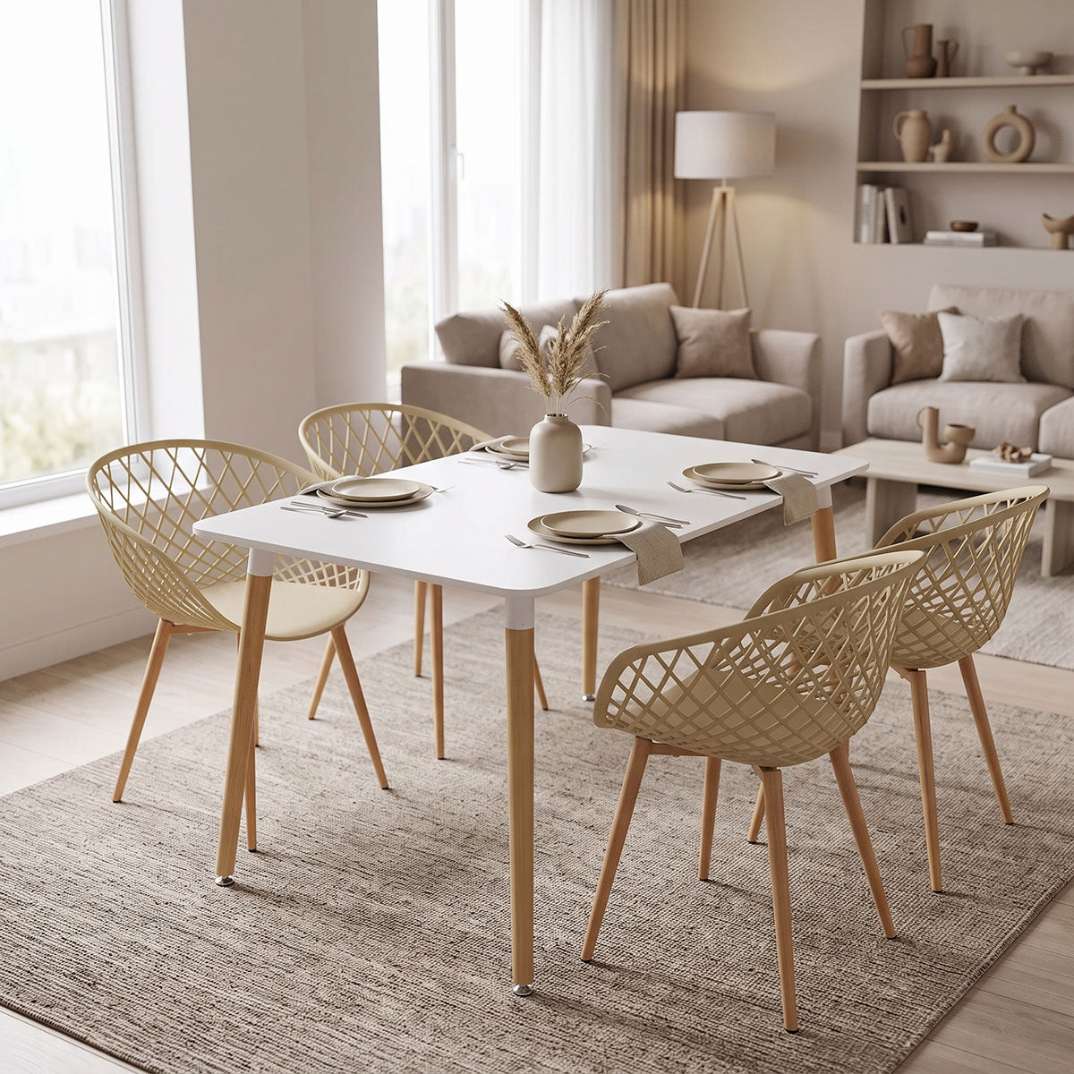 Dining Set with Armchairs Ezra cappuccino Natali Table white 80x80x76cm Set of 5pcs