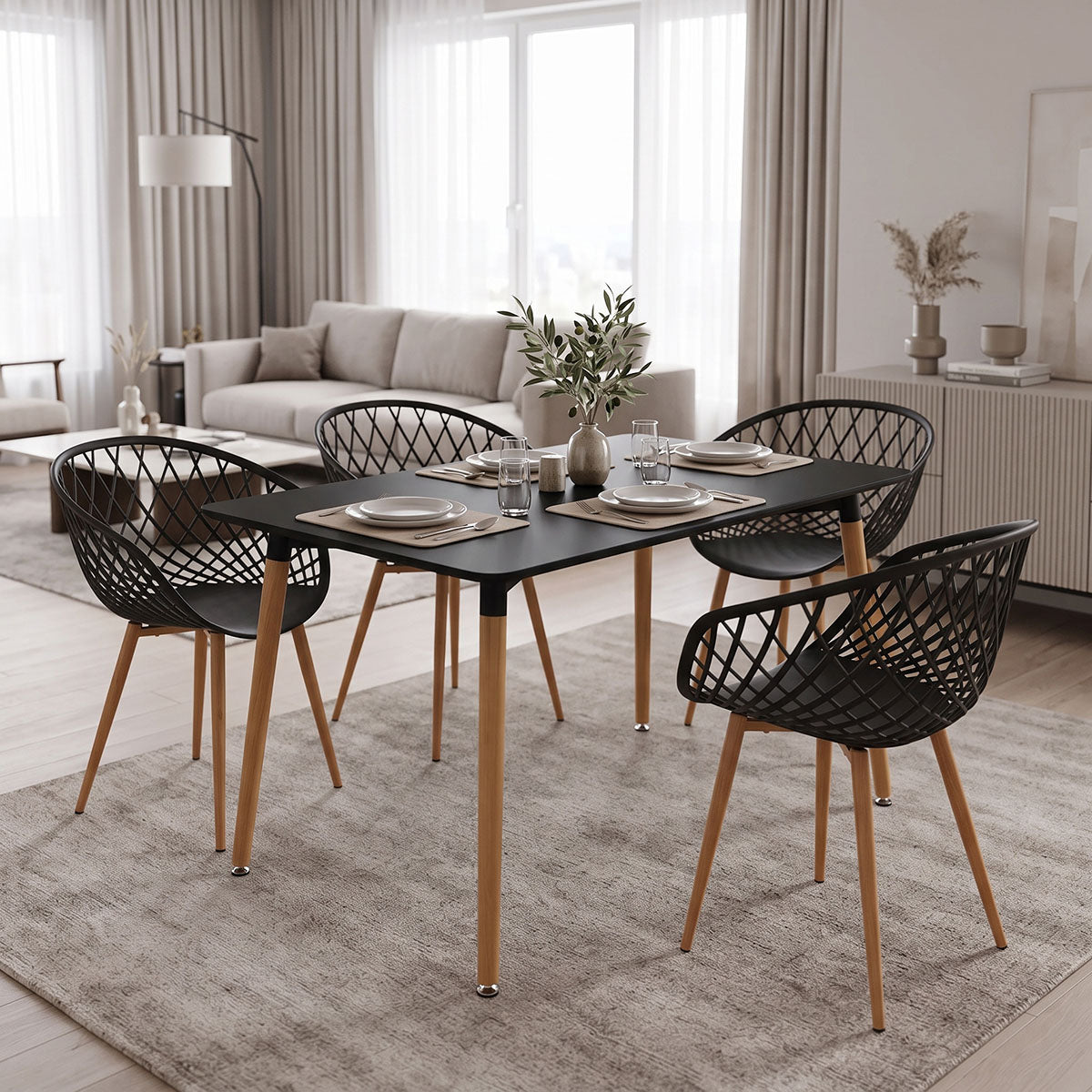 Ezra Dining Set with anthracite Armchairs & Natali Black Table 120x80x76cm 5Piece Set