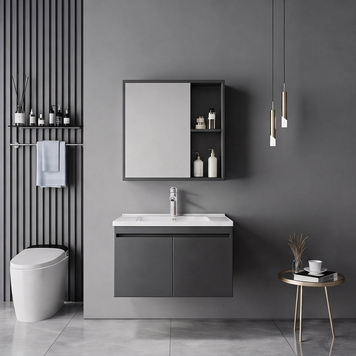 Sinkea Mentis vanity with washbasin faucet and mirror in anthracite and chrome