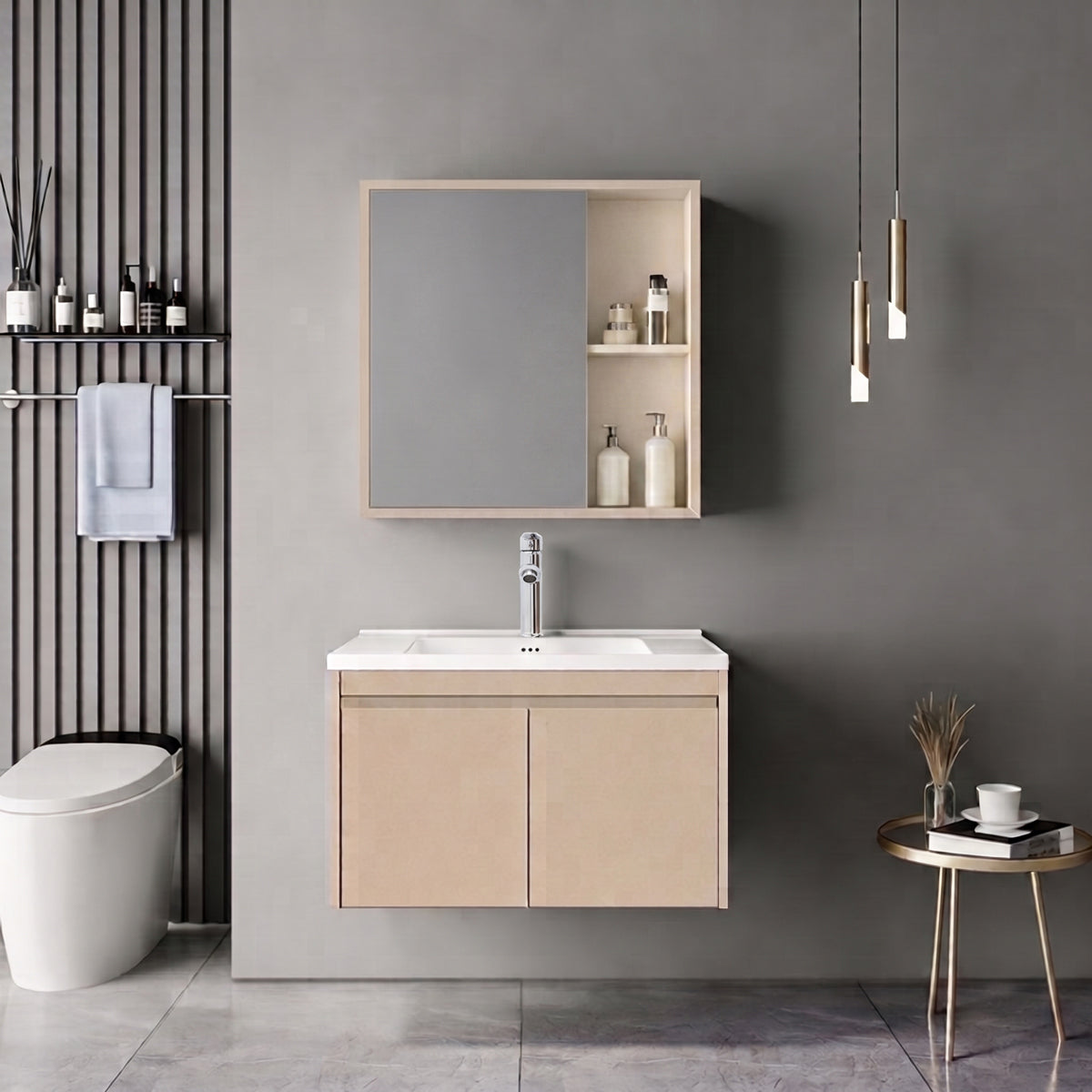 Sinkea Mentis vanity with washbasin faucet and mirror in cappuccino color and chrome