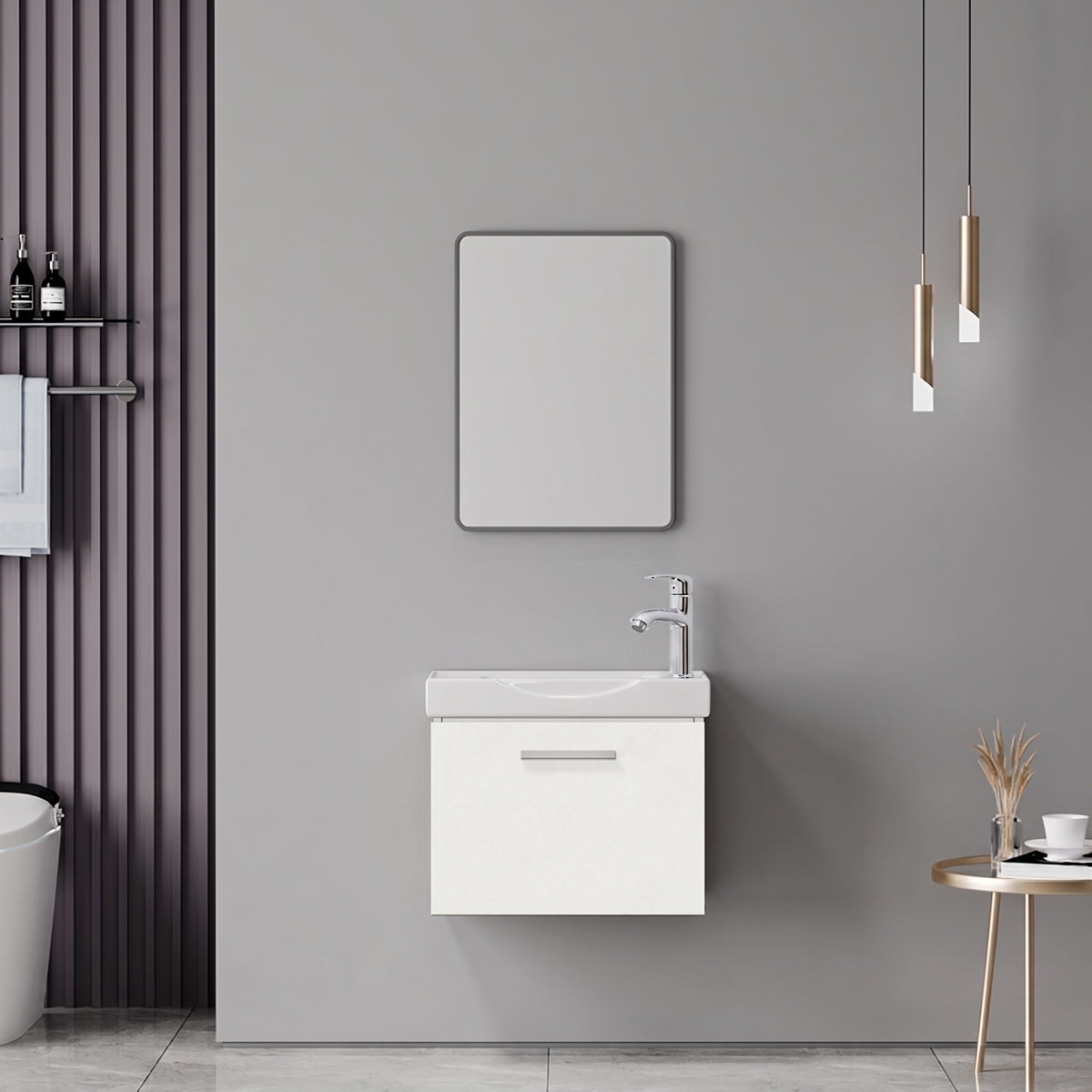 Renza Mentis vanity with washbasin faucet and mirror in white and chrome